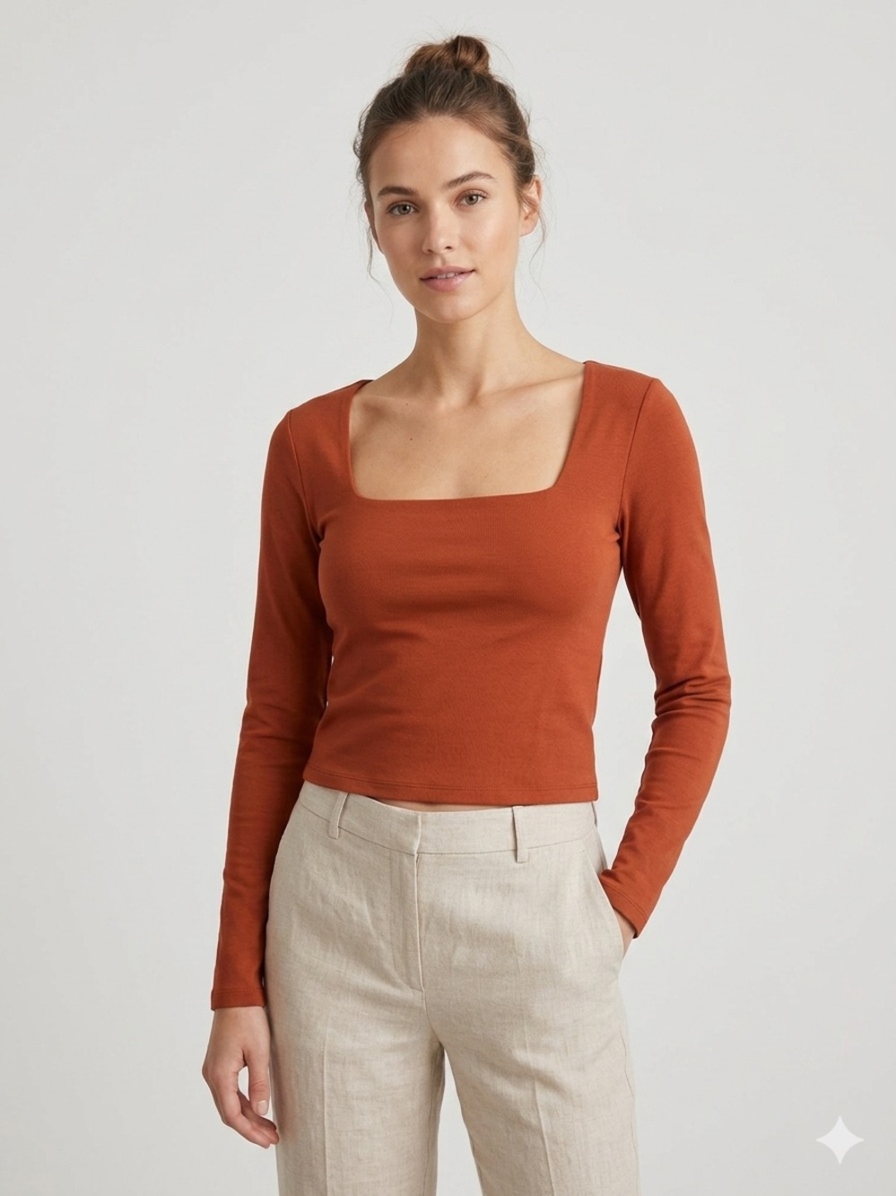 Vince Pima Cotton Square Neck Long Sleeve Top Rust Orange Large